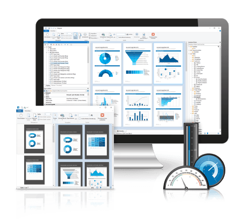 Report Designer in Desktop screen with charts and gauges